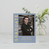 Boy Photo Blue Gold Foil卒業発表 箔招待状ポストカード (立ち正面)