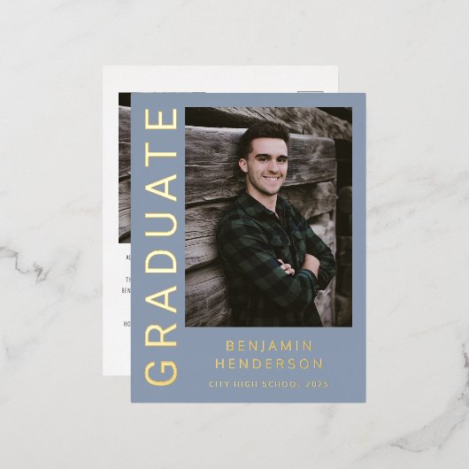Boy Photo Blue Gold Foil卒業発表 箔招待状ポストカード (正面/裏面)