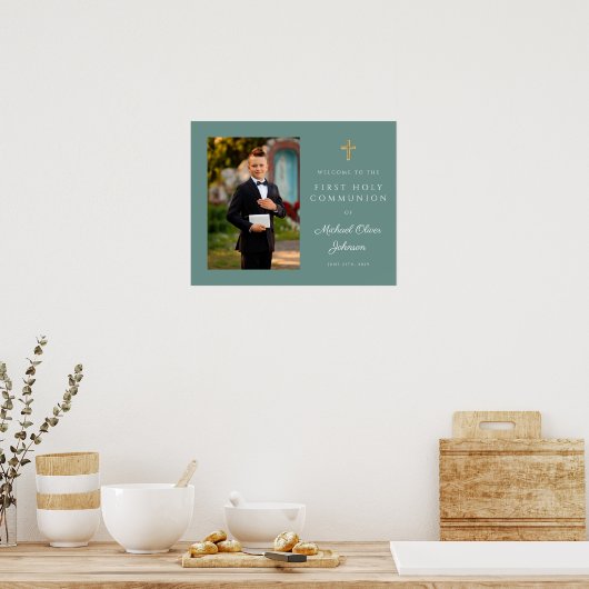 Boy Photo First Communion Green ポスター (キッチン)