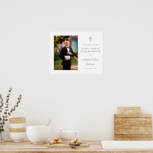 Boy Photo First Communion Green Welcome ポスター (キッチン)