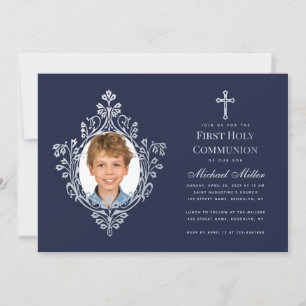 Boy Photo First Communion Navy Blue フェイク Silver 招待状