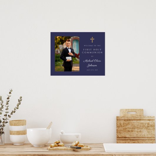 Boy Photo First Communion Navy Blue Welcome ポスター (キッチン)