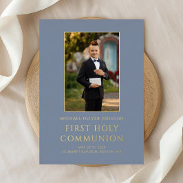 Boy Photo First Holy Communion Blue金ゴールド 箔招待状