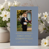 Boy Photo First Holy Communion Blue金ゴールド 箔招待状