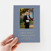 Boy Photo First Holy Communion Blue金ゴールド 箔招待状