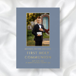 Boy Photo First Holy Communion Blue金ゴールド 箔招待状