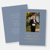 Boy Photo First Holy Communion Blue金ゴールド 箔招待状