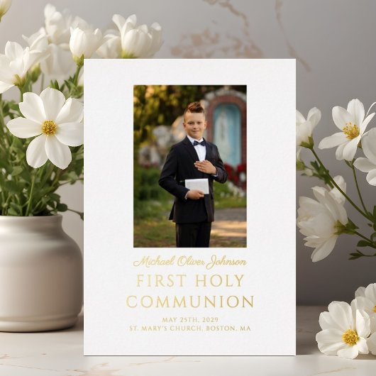 Boy Photo Script First Holy Communion金ゴールド 箔招待状