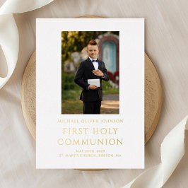 Boy Photo White First Holy Communion金ゴールド 箔招待状