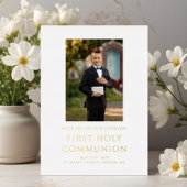 Boy Photo White First Holy Communion金ゴールド 箔招待状
