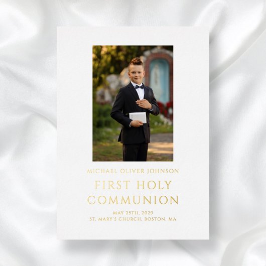 Boy Photo White First Holy Communion金ゴールド 箔招待状
