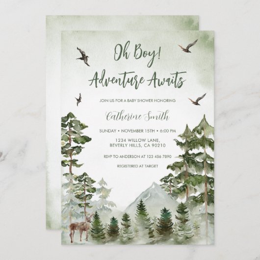Boy Pine Tree Deer Mountain Forest Baby Shower  招待状 (正面/裏面)