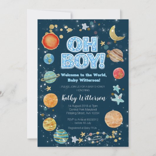 Boy Planets Outer Space Baby Shower Invitation 招待状 (正面)
