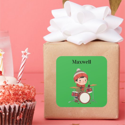 boy playing drums Christmas holiday  スクエアシール (パーティー)