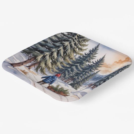 Boy Pulling a Sled With Christmas Evergreen Boughs ペーパープレート (傾斜あり)