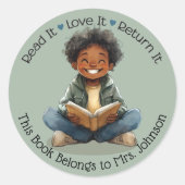 Boy Reading Teacher Classroom Library Labels ラウンドシール (正面)