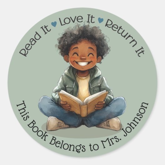 Boy Reading Teacher Classroom Library Labels ラウンドシール (正面)