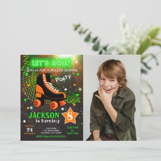 Boy Roller Skating Birthday Invitation Neon 招待状 (スタンド正面)