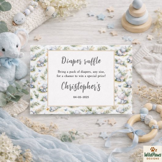 Boy’s Elephant Watercolor Baby Shower –Blue Safari エンクロージャーカード