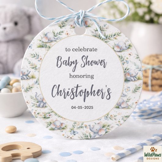 Boy’s Elephant Watercolor Baby Shower –Blue Safari フェイバータグ