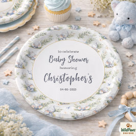 Boy’s Elephant Watercolor Baby Shower –Blue Safari ペーパープレート