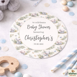 Boy’s Elephant Watercolor Baby Shower –Blue Safari ラウンドシール