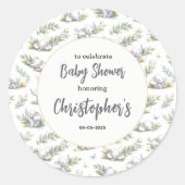 Boy’s Elephant Watercolor Baby Shower –Blue Safari ラウンドシール (正面)