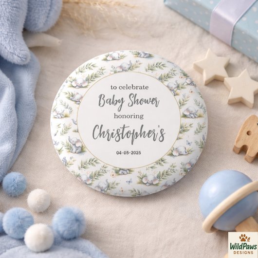 Boy’s Elephant Watercolor Baby Shower –Blue Safari 缶バッジ