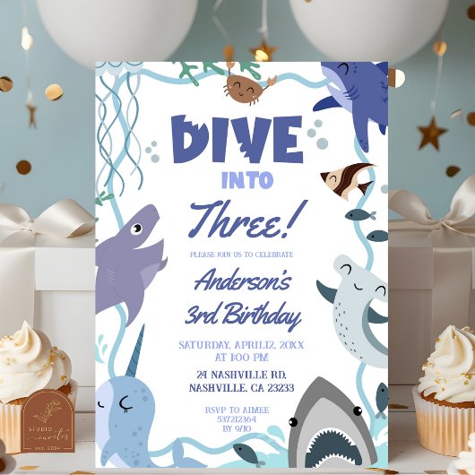 Boy Sea Animals Dive into Birthday invitation 招待状