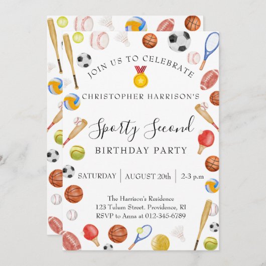 Boy Second Birthday Party Sports 招待状 (正面/裏面)