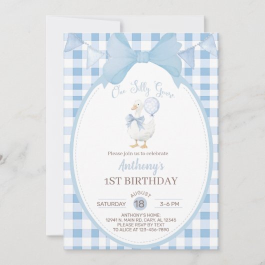 Boy Silly Goose 1st first birthday invite, goose. 招待状 (正面)