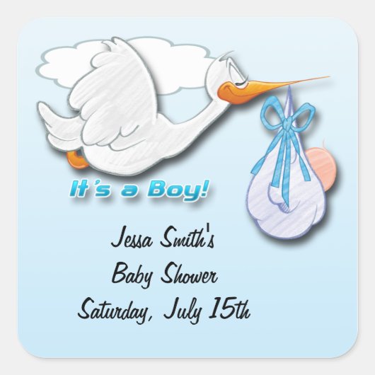 Boy Stork Baby Shower Favoritesスタンプ スクエアシール (正面)