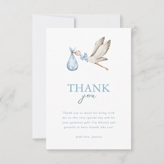 Boy Stork It Takes A Village Winter Baby Shower サンキューカード (正面)