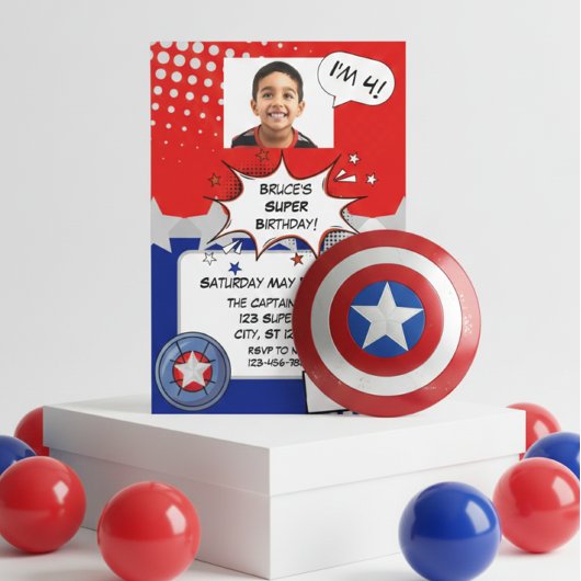 Boy Superhero, red, white, silver & blue birthday 招待状