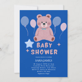 Boy Sweet Teddy Bear Blue Balloon Baby Shower 招待状