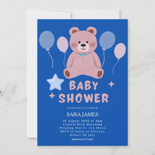 Boy Sweet Teddy Bear Blue Balloon Baby Shower 招待状 (正面)
