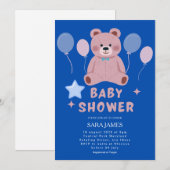 Boy Sweet Teddy Bear Blue Balloon Baby Shower 招待状 (正面/裏面)
