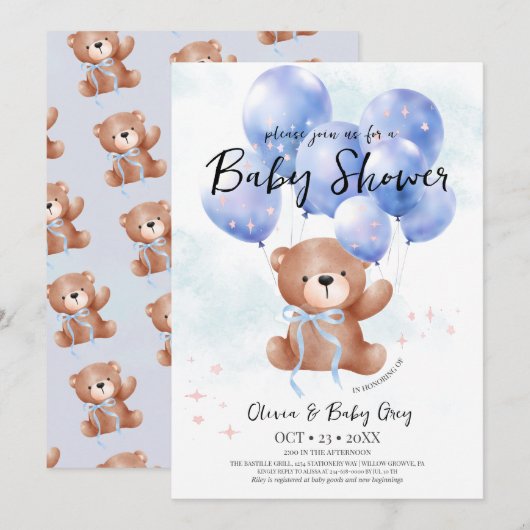 Boy Teddy Bear Baby Shower 招待状 (正面/裏面)