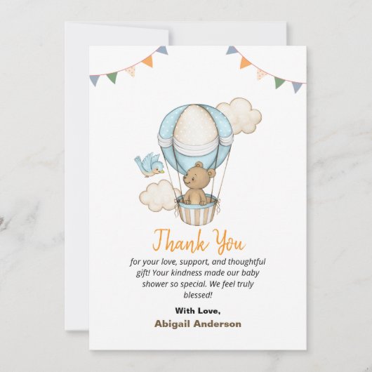 Boy Teddy Bear Baby Shower Thank You Flat Cards サンキューカード (正面)