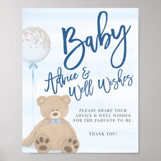 Boy Teddy Bear Blue Balloon Baby Advice Sign ポスター (正面)