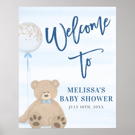 Boy Teddy Bear Blue Balloon Welcome Sign Poster ポスター (正面)