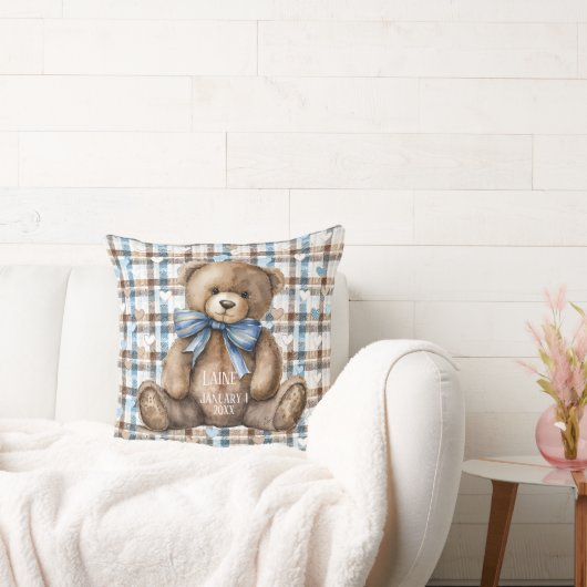 Boy Teddy Bear On Blue Brown Plaid  クッション (ソファ)