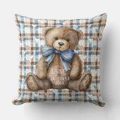 Boy Teddy Bear On Blue Brown Plaid  クッション (正面)