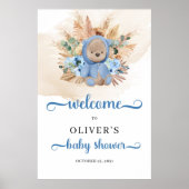Boy Teddy bear pampas grass baby shower welcome ポスター (正面)