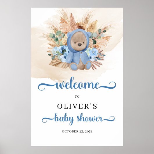 Boy Teddy bear pampas grass baby shower welcome ポスター (正面)