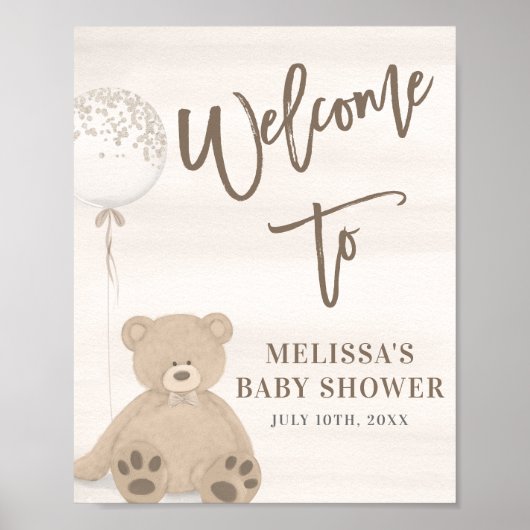 Boy Teddy Bear Tan Balloon Welcome Sign Poster ポスター (正面)