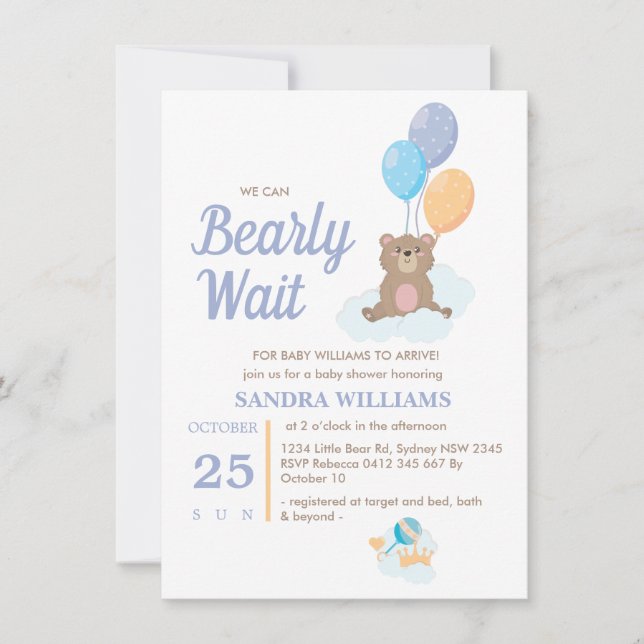 Boy Teddy Bear We Can Bearly Wait Baby Shower  (正面)