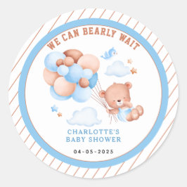 Boy Teddy Bear “We Can Bearly Wait” Baby Shower ラウンドシール