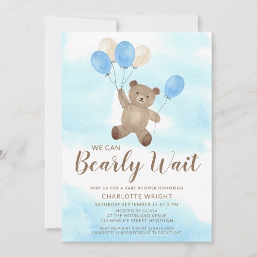 Boy Teddy Bear We Can Bearly Wait Baby Shower 招待状 (正面)