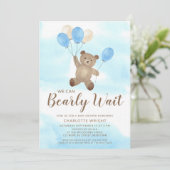 Boy Teddy Bear We Can Bearly Wait Baby Shower 招待状 (スタンド正面)